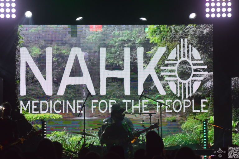 Nahko on stage, medium perspective, A Serene Green Forest background is featured on display screen.